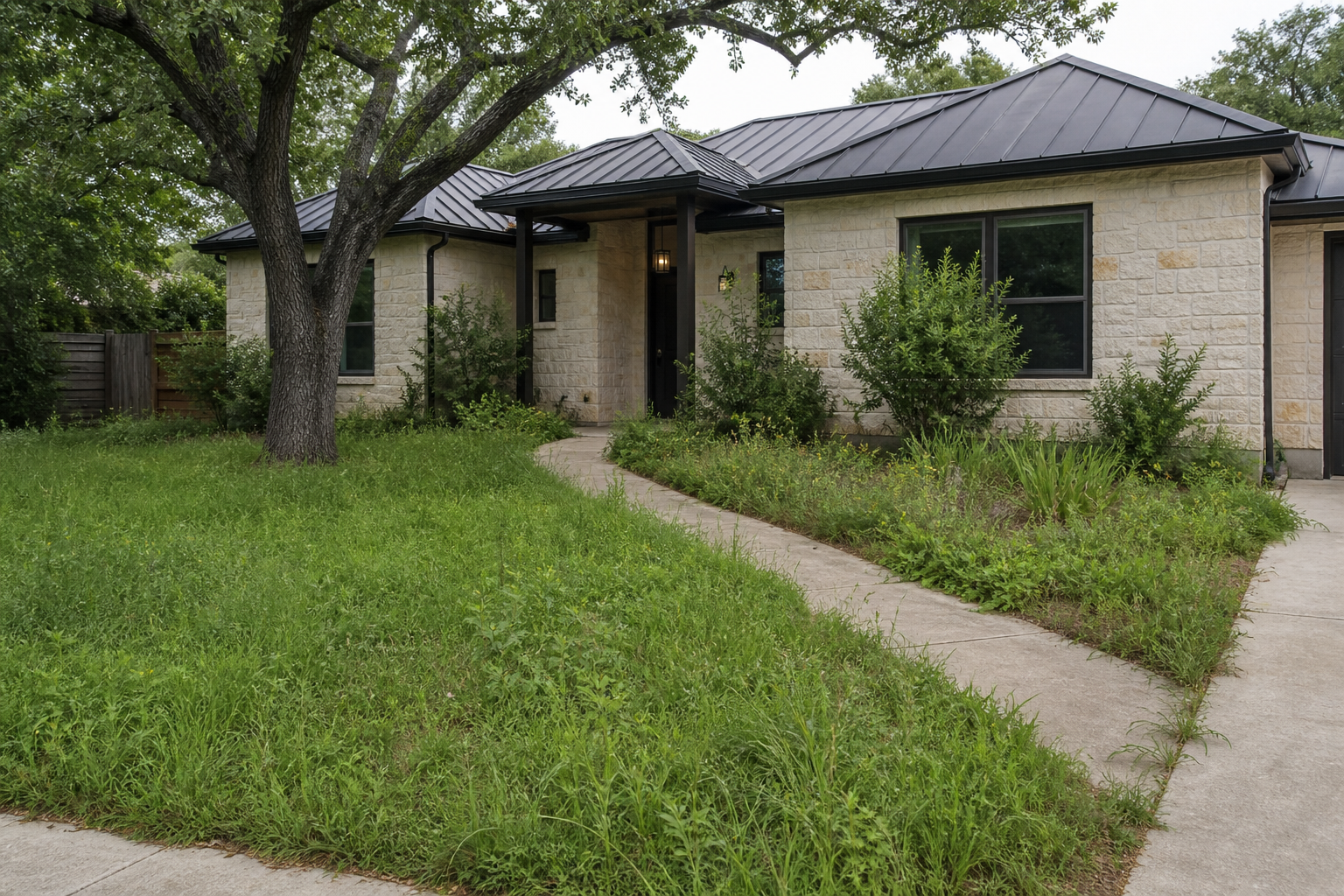 Illustrative front yard before cleanup, garden-bed edging, and planting
